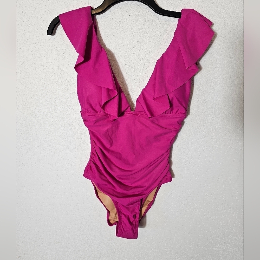 J. Crew Women's Ruched Ruffle One Piece Fushia Swim Suit Size 6 NWT